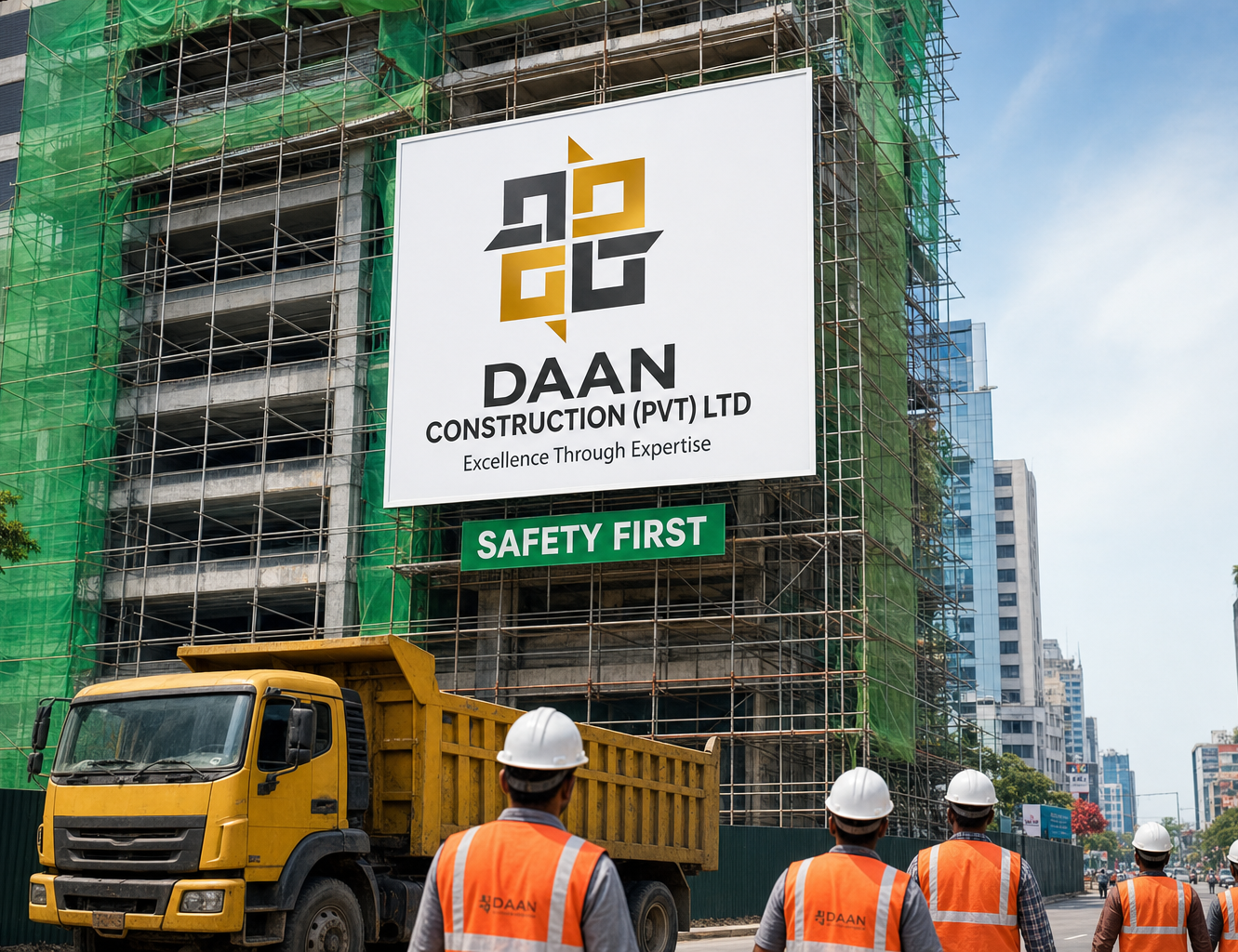 Active construction site with DAAN Construction branded hoarding and safety signage