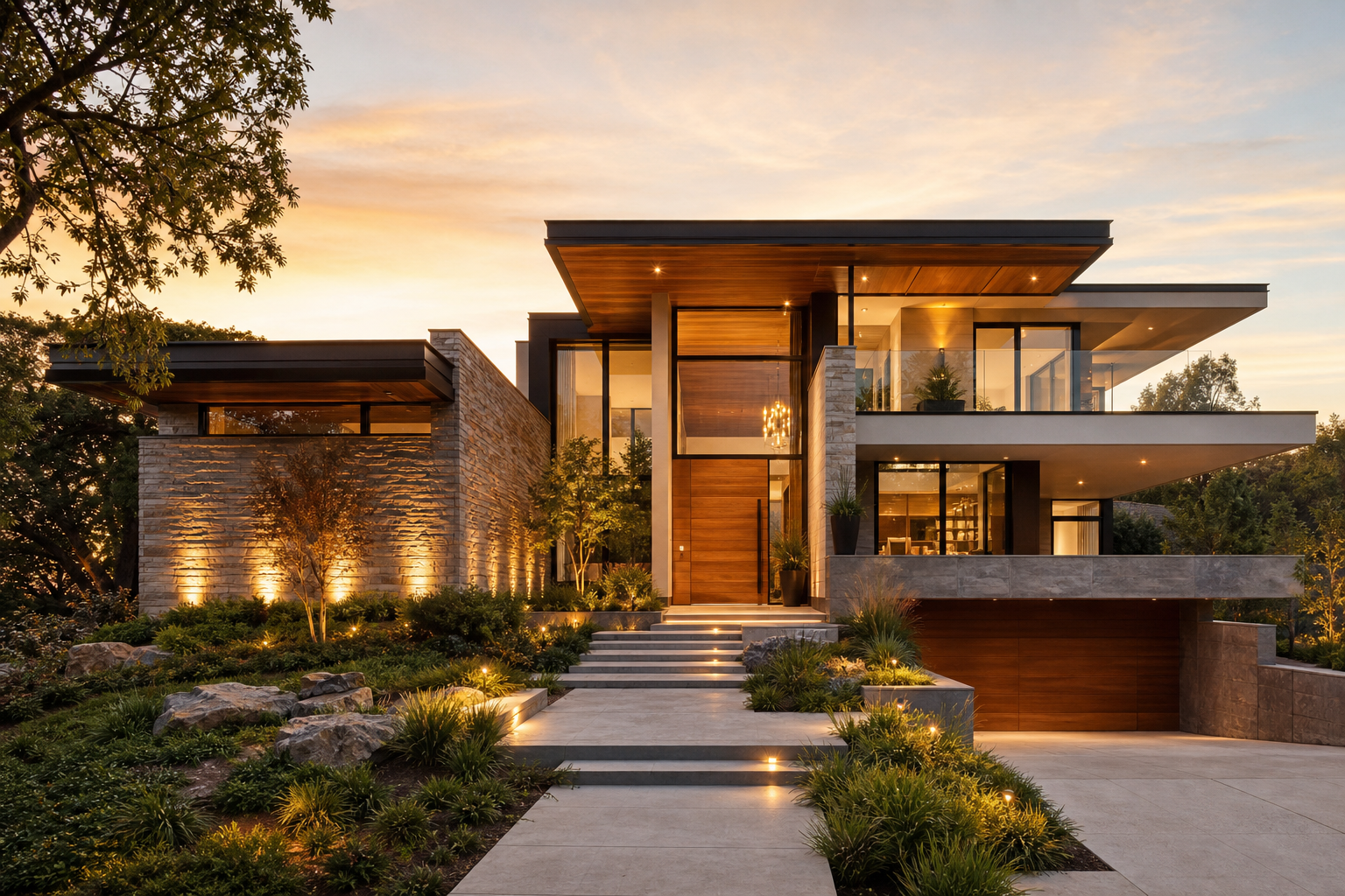 Sophisticated modern residence with landscaped entrance
